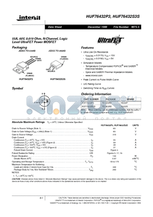 HUF76432S3S datasheet - 55A, 60V, 0.019 Ohm, N-Channel, Logic Level UltraFET Power MOSFET