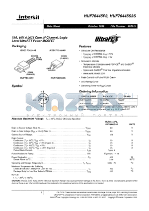 HUF76445P3 datasheet - 75A, 60V, 0.0075 Ohm, N-Channel, Logic Level UltraFET Power MOSFET