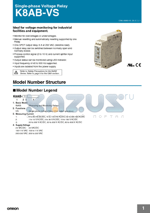 K8AB-VS2 datasheet - Single-phase Voltage Relay