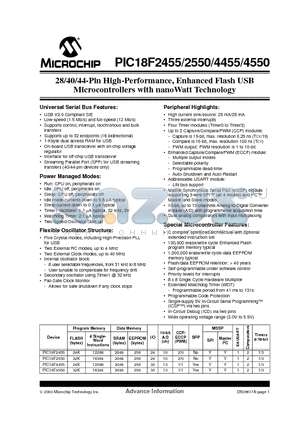 PIC18F4455 datasheet - 28/40/44-Pin High-Performance, Enhanced Flash USB Microcontrollers with nanoWatt Technology