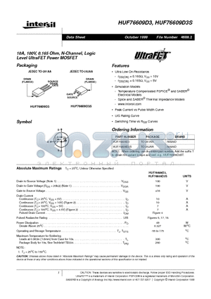 HUF76609D3 datasheet - 10A, 100V, 0.165 Ohm, N-Channel, Logic Level UltraFET Power MOSFET