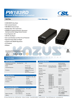 PW183RD datasheet - Universal 30 Watt (IEEE802.3af Compliant)