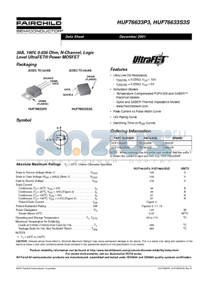 HUF76633P3 datasheet - 38A, 100V, 0.036 Ohm, N-Channel, Logic Level UltraFET Power MOSFET