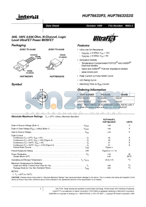 HUF76633P3 datasheet - 38A, 100V, 0.036 Ohm, N-Channel, Logic Level UltraFET Power MOSFET