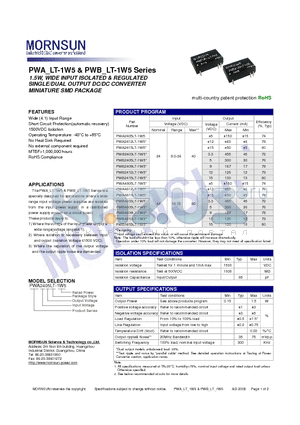 PWA2415LT-1W5 datasheet - SINGLE/DUAL OUTPUT DC/DC CONVERTER