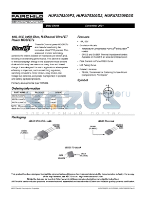 HUFA75309D3 datasheet - 19A, 55V, 0.070 Ohm, N-Channel UltraFET Power MOSFETs