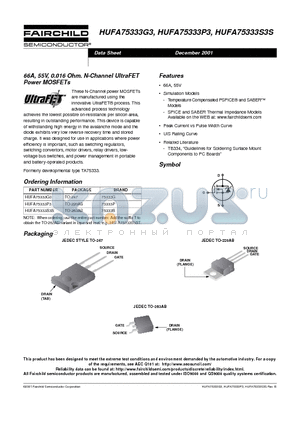 HUFA75333G3 datasheet - 66A, 55V, 0.016 Ohm. N-Channel UltraFET Power MOSFETs