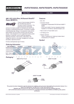 HUFA75332G3 datasheet - 60A, 55V, 0.019 Ohm, N-Channel UltraFET Power MOSFETs