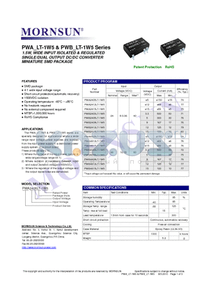 PWA4815LT-1W5 datasheet - 1.5W, WIDE INPUT ISOLATED & REGULATED SINGLE/DUAL OUTPUT DC/DC CONVERTER MINIATURE SMD PACKAGE