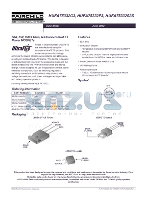 HUFA75332P3 datasheet - 60A, 55V, 0.019 Ohm, N-Channel UltraFET Power MOSFETs