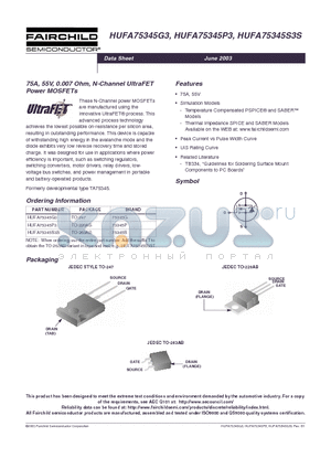HUFA75345G3 datasheet - 75A, 55V, 0.007 Ohm, N-Channel UltraFET Power MOSFETs