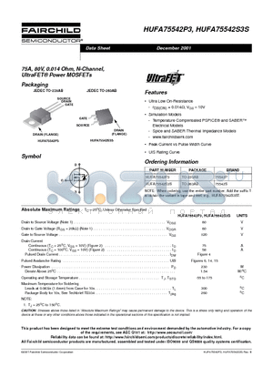 HUFA75542S3S datasheet - 75A, 80V, 0.014 Ohm, N-Channel, UltraFET Power MOSFETs