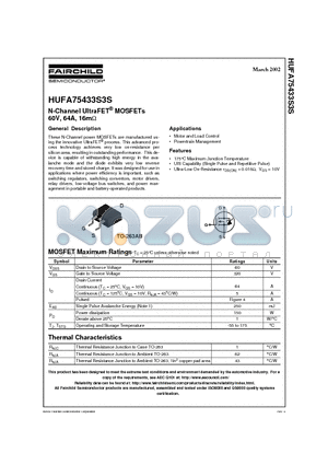 HUFA75433S3S datasheet - N-Channel UltraFET MOSFETs 60V, 64A, 16m