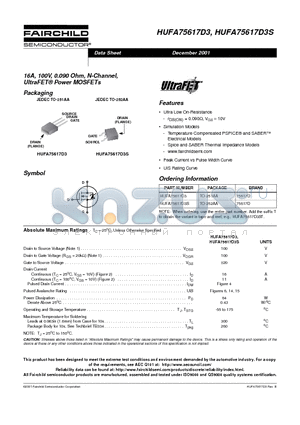 HUFA75617D3 datasheet - 16A, 100V, 0.090 Ohm, N-Channel, UltraFET Power MOSFETs