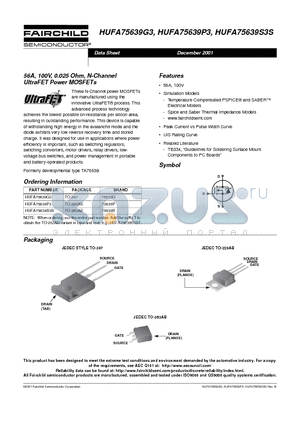 HUFA75639S3S datasheet - 56A, 100V, 0.025 Ohm, N-Channel UltraFET Power MOSFETs