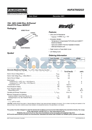 HUFA75652G3 datasheet - 75A, 100V, 0.008 Ohm, N-Channel UltraFET Power MOSFET