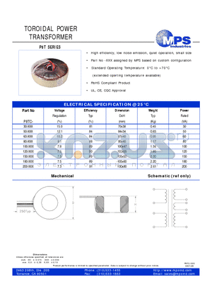 P8TC-100-XXX datasheet - TOROIDAL POWER TRANSFORMER