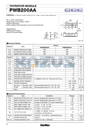 PWB200AA datasheet - Thyristor module suitable for low voltage, 3 phase recifier applications