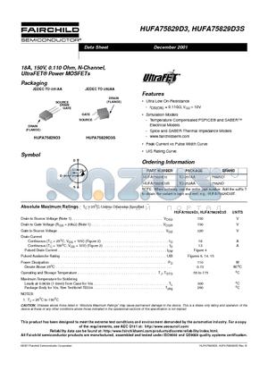 HUFA75829D3 datasheet - 18A, 150V, 0.110 Ohm, N-Channel, UltraFET Power MOSFETs
