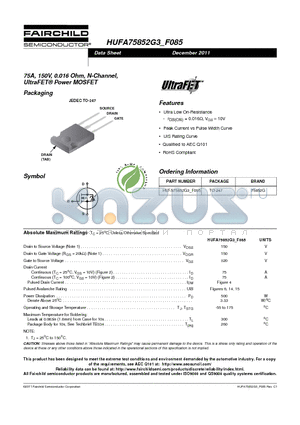 HUFA75852G3_11 datasheet - 75A, 150V, 0.016 Ohm, N-Channel, UltraFET^ Power MOSFET