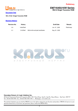 EM7164SU16W-10LL datasheet - 1M x 16 bit Single Transistor RAM