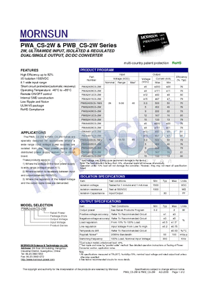 PWB2403CS-1W6 datasheet - DUAL/SINGLE OUTPUT, DC/DC CONVERTER