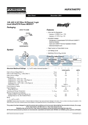 HUFA76407P3 datasheet - 12A, 60V, 0.107 Ohm, N-Channel, Logic Level UltraFET Power MOSFET