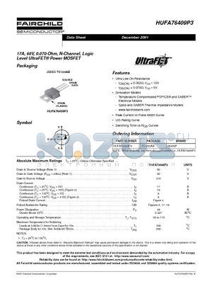 HUFA76409P3 datasheet - 17A, 60V, 0.070 Ohm, N-Channel, Logic Level UltraFET Power MOSFET