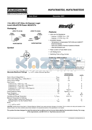 HUFA76407D3 datasheet - 11A, 60V, 0.107 Ohm, N-Channel, Logic Level UltraFET Power MOSFETs