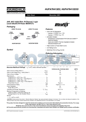 HUFA76413D3 datasheet - 20A, 60V, 0.056 Ohm, N-Channel, Logic Level UltraFET Power MOSFETs