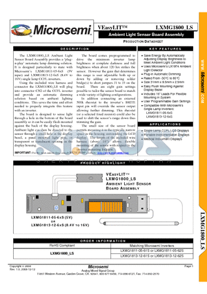 LXMG1800_LS datasheet - Ambient Light Sensor Board Assembly