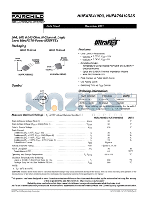 HUFA76419D3S datasheet - 20A, 60V, 0.043 Ohm, N-Channel, Logic Level UltraFET Power MOSFETs
