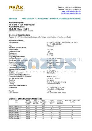 P8TG-1205E21 datasheet - 1.5 KV ISOLATED 1.5 W REGULATED SINGLE OUTPUT DIP24