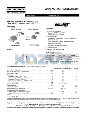 HUFA76419S3S datasheet - 27A, 60V, 0.040 Ohm, N-Channel, Logic Level UltraFET Power MOSFETs