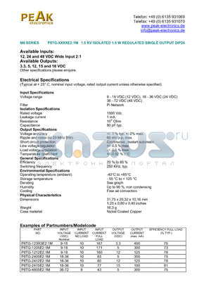 P8TG-1205E21M datasheet - 1.5 KV ISOLATED 1.5 W REGULATED SINGLE OUTPUT DIP24