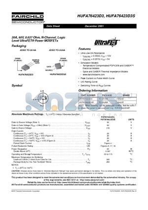 HUFA76423D3S datasheet - 20A, 60V, 0.037 Ohm, N-Channel, Logic Level UltraFET Power MOSFETs