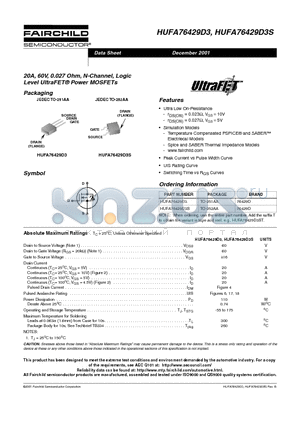 HUFA76429D3 datasheet - 20A, 60V, 0.027 Ohm, N-Channel, Logic Level UltraFET Power MOSFETs