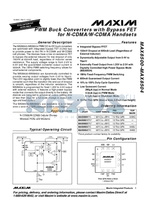 MAX8500 datasheet - PWM Buck Converters with Bypass FET for N-CDMA/W-CDMA Handsets