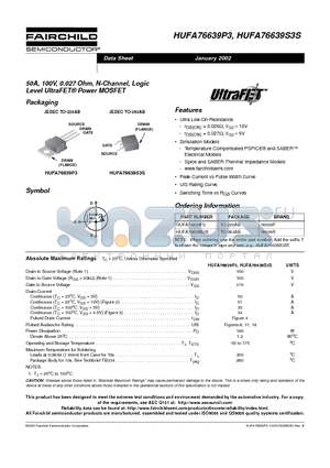 HUFA76639P3 datasheet - 50A, 100V, 0.027 Ohm, N-Channel, Logic Level UltraFET Power MOSFET