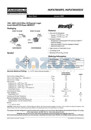 HUFA76645S3S datasheet - 75A, 100V, 0.015 Ohm, N-Channel, Logic Level UltraFET Power MOSFET