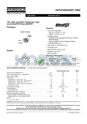 HUFA76645S3ST datasheet - 75A, 100V, 0.015 Ohm, N-Channel, Logic Level UltraFET^ Power MOSFET