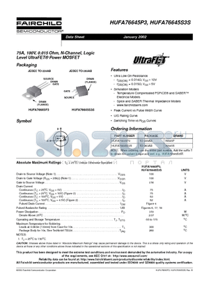 HUFA76645P3 datasheet - 75A, 100V, 0.015 Ohm, N-Channel, Logic Level UltraFET Power MOSFET