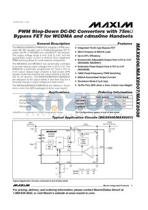 MAX8506ETE datasheet - PWM Step-Down DC-DC Converters with 75mohm Bypass FET for WCDMA and cdmaOne Handsets