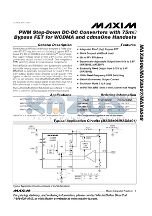 MAX8507ETE datasheet - PWM Step-Down DC-DC Converters with 75mohm Bypass FET for WCDMA and cdmaOne Handsets