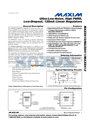 MAX8510 datasheet - Ultra-Low-Noise, High PSRR, Low-Dropout, 120mA Linear Regulators