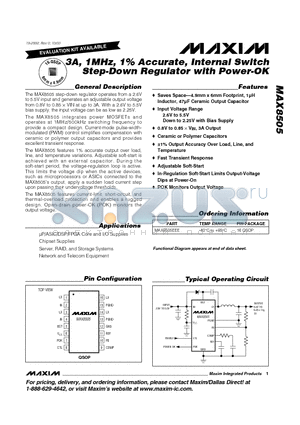 MAX8505EEE datasheet - 3A, 1MHz, 1% Accurate, Internal Switch Step-Down Regulator with Power-OK