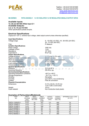 P8TG-4805E21 datasheet - 1.5 KV ISOLATED 1.5 W REGULATED SINGLE OUTPUT DIP24