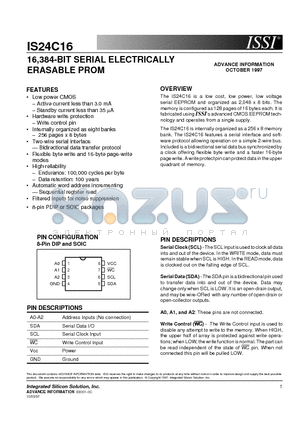 IS24C16-GI datasheet - 16,384-BIT SERIAL ELECTRICALLY ERASABLE PROM