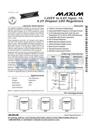 MAX8517EUB datasheet - 1.425V to 3.6V Input, 1A, 0.2V Dropout LDO Regulators