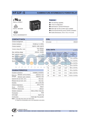 HF32F-G datasheet - SUBMINIATURE INTERMEDIATE POWER RELAY